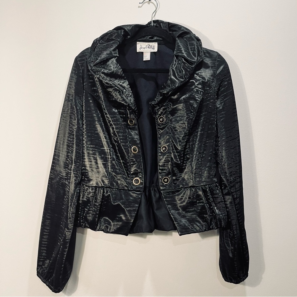 Joseph Ribkoff Vintage Black Snap Front Peplum Moto Metallic Jacket Blazer sz 6 - Picture 8 of 15